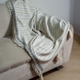 Handwoven Beige & Blue Striped Cotton Throw – 50″ x 56″